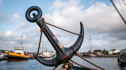 Anchor at prow of shrimper at the harbor of Fedderwardersiel, Germany