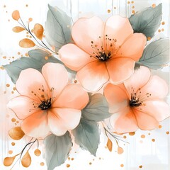 Soft watercolor floral design with delicate peach and pink flowers and leaves