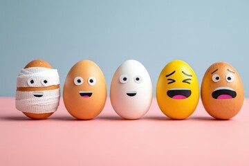 Four Eggs with Expressive Faces Showing Different Emotions on Pastel Background