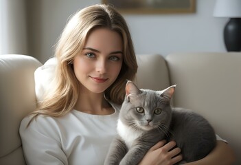 Woman and cat relaxing on sofa
