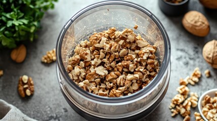 Fototapeta premium Food processor with a transparent lid showing chopped nuts