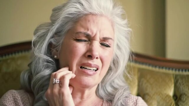 Close up of a senior woman with gray hair experiencing intense facial pain She clutches her jaw wincing in discomfort A poignant portrayal of suffering