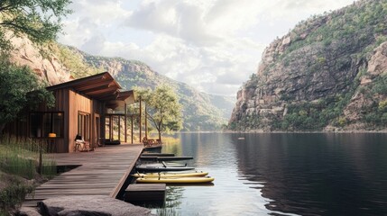 Naklejka premium Mountain resort lodge beside lake with docked paddleboards and nature views