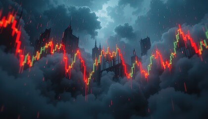 Fototapeta premium Ominous cityscape with financial chart overlay and stormy sky ba