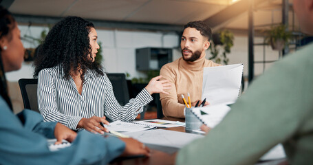 Documents, planning or designers talking in meeting for project ideas, startup or feedback. Review, interior design paperwork and people with teamwork for brainstorming, development and portfolio