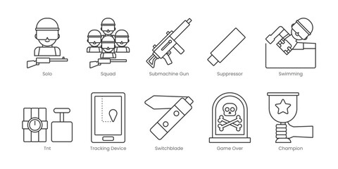 Battle Royale  Outline Icons Set – Solo, Squad, Submachine Gun, Suppressor, Swimming, Champion, Game Over, Switchblade, Tnt, Tracking Device, Editable Stroke.
