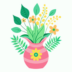 Pink Vase with Yellow and Orange Flowers and Green Leaves
