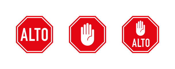 Alto (stop) sign. White text and hand symbol on red traffic sign. Vector illustration