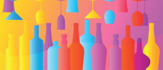 Beach party, bar poster, wine tasting. Set of alcohol bottles and glasses of different shapes, drinks, champagne, martini, liqueur