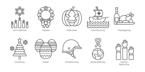 Festivals and Holidays  Outline Icons Set – Yom Hashoah, Halloween, Yulefest, Columbus Day, Thanksgiving, Christmas, Armistice Day, Easter, Human Rights Day, World Aids Day, Editable Stroke.