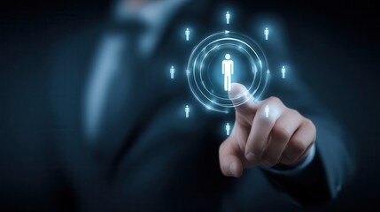 Businessperson interacting with a digital representation of a personnel group.