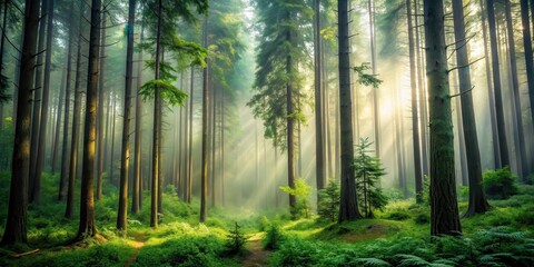 Obraz premium Dense forest with towering trees and a faint misty atmosphere , wilderness, tree, wilderness