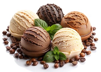 Ice cream scoops ball chocolate vanilla chocolate chip coffee milk based dessert isolated on white background