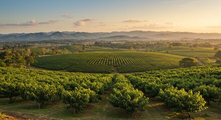 Expansive cocoa plantation with orderly rows under the golden sunlight at dawn