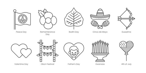 Festivals and Holidays  Outline Icons Set – Peace Day, Remembrance Day, Bodhi Day, Cinco De Mayo, Dussehra, Obon Festival, Valentine Day, Father'S Day, 4Th Of July, Kwanzaa, Editable Stroke.