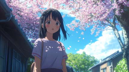 Anime style, young Asian girl admiring cherry blossom in the springtime sunlight, serene scene with falling petals and traditional home