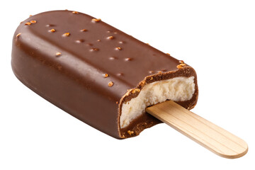 A partially eaten chocolate covered ice cream bar on a stick with nuts on a black background