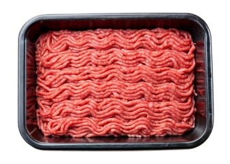 Raw minced meat in a black plastic tray container isolated on white background