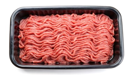 Raw minced meat in a black plastic tray container isolated on white background