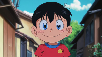 Animated Boy with Blue Eyes and Black Hair Smiling in a Neighborhood with Houses and Clear Blue Sky Background