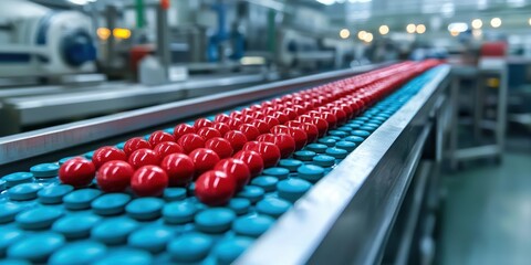 Fototapeta premium Industrial assembly solutions. Conveyor belt with red and blue pills in a manufacturing facility.