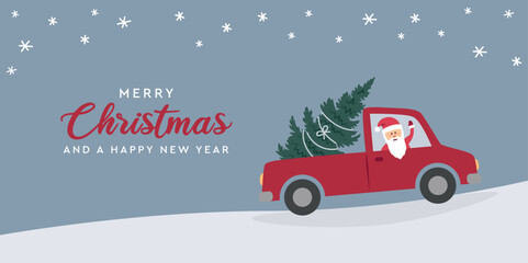 santa sits in a car with christmas tree in snowy winter vector illustration