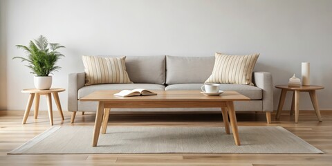 Simple Wooden Coffee Table with Minimalist Furniture , cozy atmosphere, serene environment