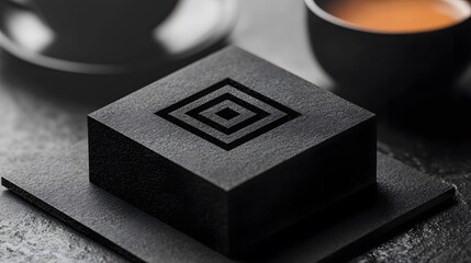 Black Square Cake with Geometric Pattern on Dark Background