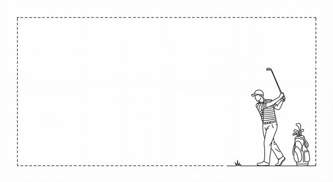 Minimal line-art golf frame: Golfer swinging club, clipart for LIV Golf family events, blogs, and sports learning materials