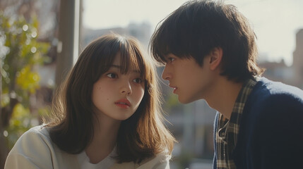 Portrait of attractive Asian couple gazing at each other with thoughtful expression, focus on facial features, gentle emotion