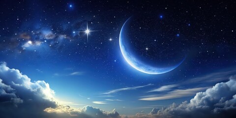 Naklejka premium Dark blue sky with a few wispy clouds and a crescent moon illuminated by a single star shining brightly amidst the vastness of space, universe, clastic