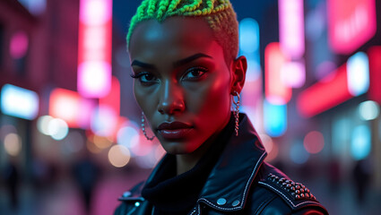Obraz premium A vibrant portrait of a woman with neon highlights set against a city backdrop, evoking a cyberpunk aesthetic