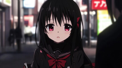 Japanese Anime Girl with Black Hair and Red Eyes Wearing School Uniform on a Nighttime Street with Soft Lighting