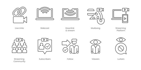 Live Streaming  Outline Icons Set – Live Tv, Webcast, Downlink & Stream, Follow, Mukbang, Streaming Community, Streaming Platform, Subscribers, Viewers, Ad Revenue, Editable Stroke.