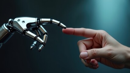 Robot hand gently touches human finger, evoking curiosity, connection, future emotion. Depicts human AI interaction, empathy, robotics progress. Cybernetic realism style, 