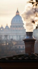 Chimney pouring white smoke with the Vatican in the background, concept of the election of the new Pope with copy space vertically 9:16