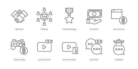 Live Streaming  Outline Icons Set – Affiliate, Donation, Game Sales, Lurkers, Sponsor, Verified Badge, Bitrate, Channel Rules, Chatbot, Emotes, Editable Stroke.