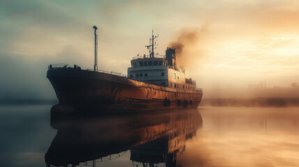 Dilapidated ship on calm water creating reflections with smokestack emitting smoke, misty atmosphere, golden light.