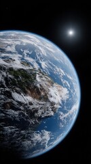 Earth from Space Showing Continents Ocean and Atmosphere with Sunlight