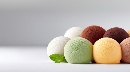 Professional food photography featuring a minimalist composition of various ice cream scoops arranged in a row against a clean grey background. The image showcases different flavors including vanilla.