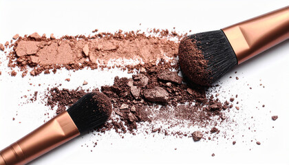 Make-up brush with crushed brown eyeshadow on white background. Female cosmetics and beauty