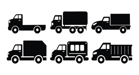 Black Silhouette Cargo and Utility Truck Icons – Vector Set