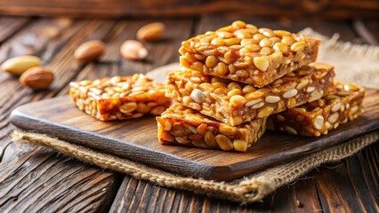 Crunchy peanut chikki on a wooden table , snack, traditional indian sweet