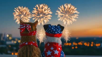 Cartoon cat and dog watching fireworks in patriotic costumes