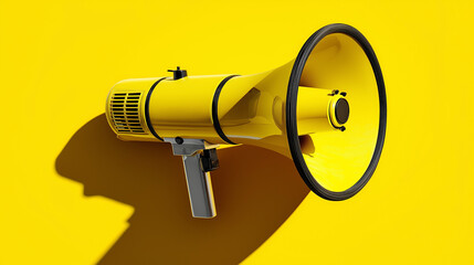 Yellow megaphone on bold yellow, sharp shadows, clean composition. Power and clarity in simplicity.
