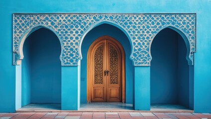 Ornate arched doorway on vibrant blue wall