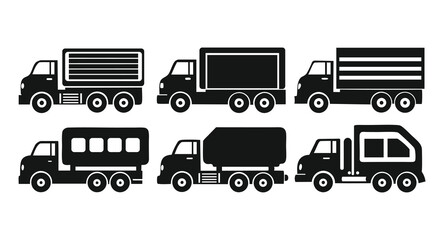 Black Silhouette Cargo and Utility Truck Icons – Vector Set
