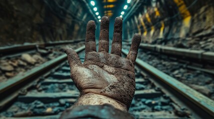 Fototapeta premium A dirty hand reaching out from a railway track in a dimly lit underground tunnel