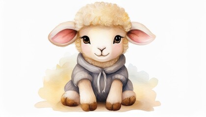 Fototapeta premium adorable baby lamb in cozy hoodie watercolor illustration perfect for children’s book, nursery print, logo design, or seasonal branding