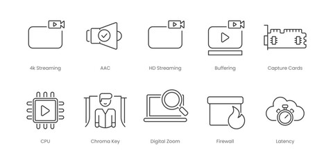 Live Streaming  Outline Icons Set &ndash; Aac, Buffering, Capture Cards, Hd Streaming, Satellite, Chroma Key, Cpu, Digital Zoom, Firewall, Latency, Editable Stroke.